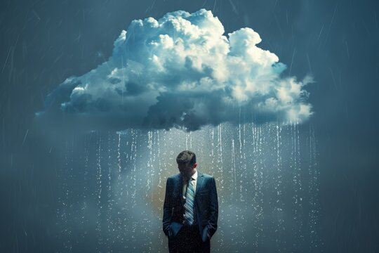 Businessman, standing under rain, pessimistic man under cloud, sad business man, unlucky, misfortune