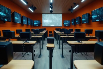 School of future. Group of modern pc computer.