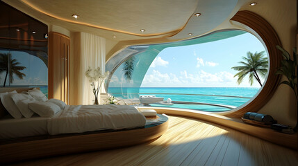 Fototapeta premium Luxurious yacht bedroom with modern amenities and panoramic ocean views, perfect for upscale vacations -