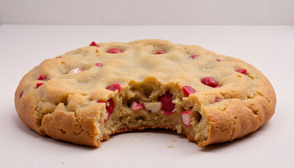 Thick and chewy cookie with colorful candy pieces, partially eaten, on a white background