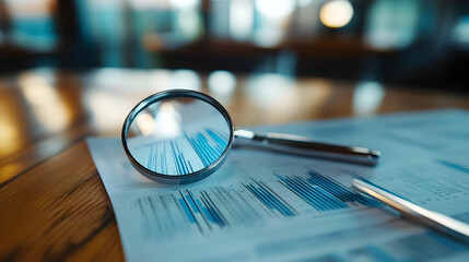 Magnifying glass on a table for analytical research in economics and financial data -