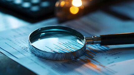 Magnifying glass on a table for analytical research in economics and financial data -