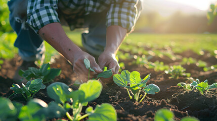 Fototapeta premium Farmer in Portrait, Nurturing Seedlings in Fertile Farmland
