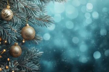 Obraz premium Frosted Pine Branch with Golden Christmas Ornaments and Bokeh Lights