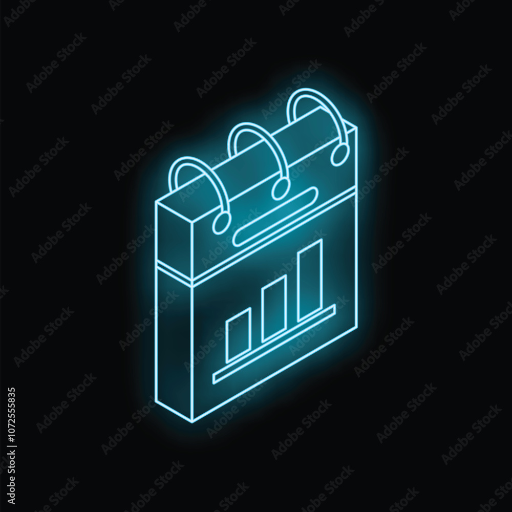 Poster glowing neon blue calendar icon with bar chart representing data analysis and business scheduling co