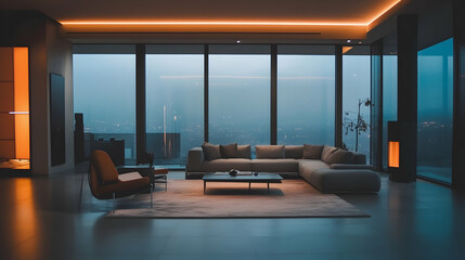 Minimalist living room with modern furniture, large windows, and subtle lighting, creating a spacious atmosphere -