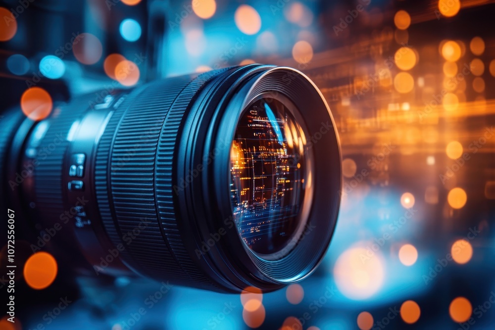 Aufkleber close-up view of a camera lens with blurred digital elements in the background