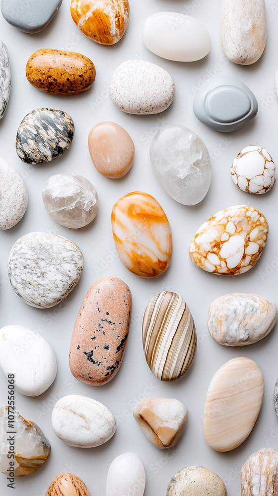 Poster colorful stones in different shapes and sizes are displayed on a light background, highlighting thei