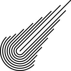 A minimalist black line drawing shows a comet or meteor shape composed of parallel curved lines in an ascending diagonal direction against a white background. Vector outline icon.