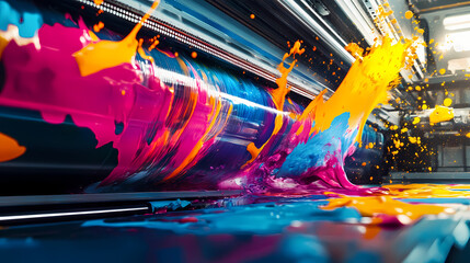 Gigantic industrial printer creating largerthanlife portrait vibrant colors splashing across canvas dynamic perspective emphasizing scale and artistry. Vibrant. Illustration
