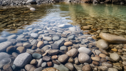 Obraz premium Smooth stones in a shallow creek with crystal-clear water, pebbles visible through the water, natural and serene