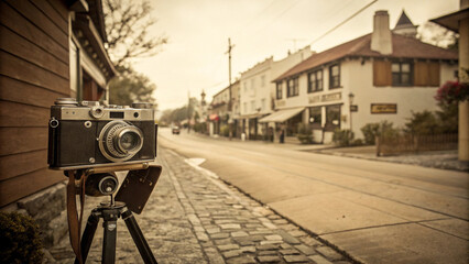 Vintage Camera on Tripod in a Quaint Town