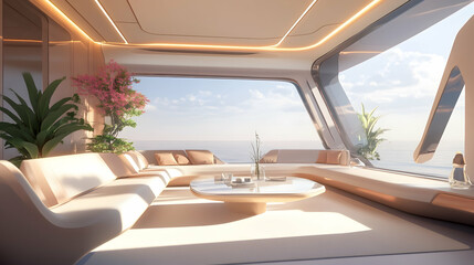 Obraz premium Modern yacht interior with panoramic windows and elegant seating, ideal for serene ocean voyages -