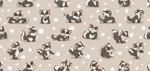 Seamless Pattern of Cartoon Raccoons with Floral Accents on a Beige Background