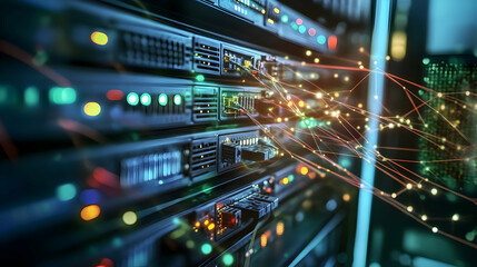 Network cables and cloud data devices in a studio-lit environment, connected tech infrastructure -