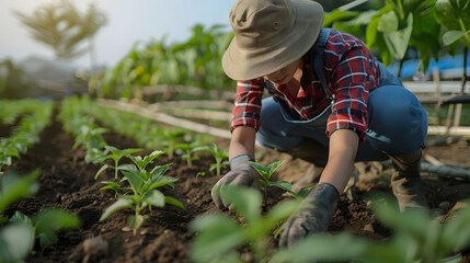 Fototapeta premium Farmers Planting New Seedlings in Fertile Farmland
