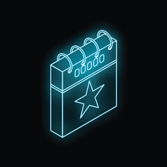 Neon blue calendar icon is glowing on dark background representing important date or deadline