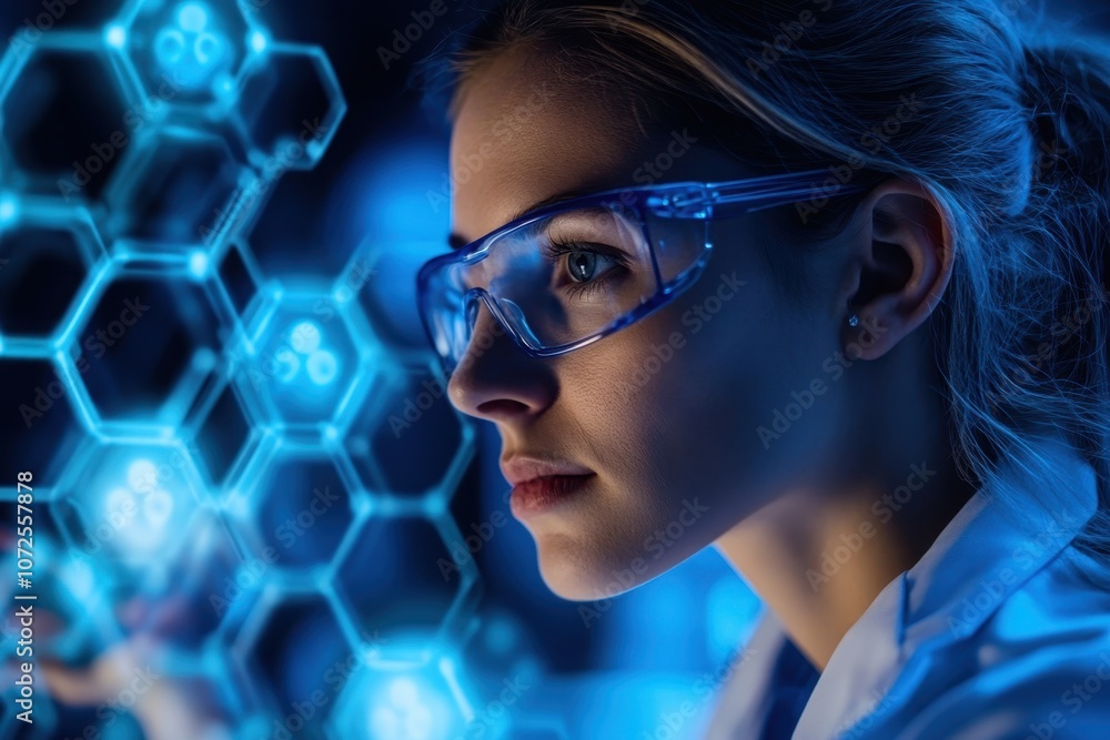 Poster young scientist analyzing digital data in a laboratory with a futuristic background at night