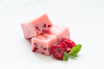 Vegan Raspberry nougat with pieces of freeze-dried raspberries