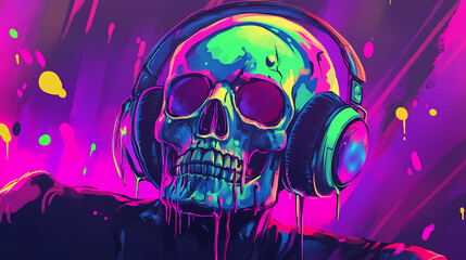 In a cosmic dance club, a neon skull wears headphones dripping with vibrant paint. Vibrant. Illustration