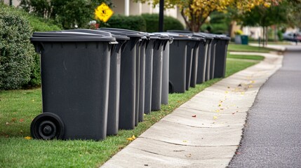 Naklejka premium A Row of Black Trash Cans on a Suburban Sidewalk