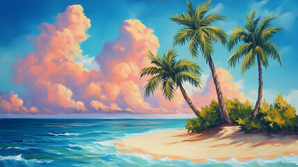 Fototapeta premium Serene beach scene featuring a tropical island, palm trees, crystal-clear waters, and a vibrant sky, perfect for travel, relaxation, and nature themes -