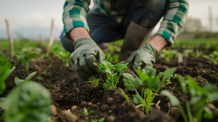 Fototapeta premium Organic Seed Planting in Fertile Farmland by a Skilled Farmer