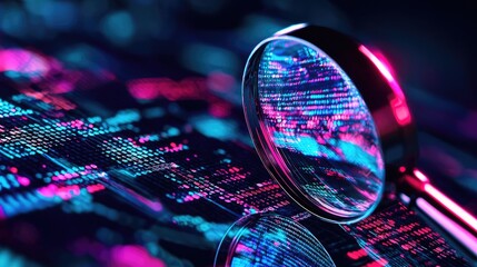 A magnifying glass focusing on a vibrant digital data landscape.