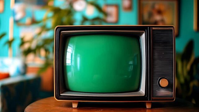 Un televisor antiguo y retro con una pantalla verde simulada se encuentra sobre una mesa en una sala de estar vintage. Plano directo, primer plano.