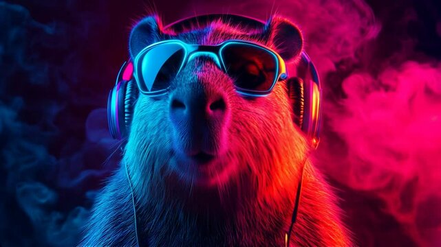 Un carpincho con auriculares y gafas de sol, con colores vibrantes, un fondo ahumado y un estilo psicod&eacute;lico. La imagen tiene un efecto de luz de ne&oacute;n y una textura de pelaje detallada.