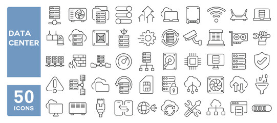 Set of 50 line icons related to data center, cloud, computing, hosting, server, firewall, cyber, proxy, gateway, Editable stroke. Vector illustration