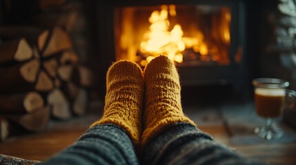 Cozy feet in wool socks warming by fireplace with hot drink