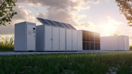 Obraz premium Solar energy, complemented by solar battery storage systems, highlights the importance of sustainability and energy efficiency.