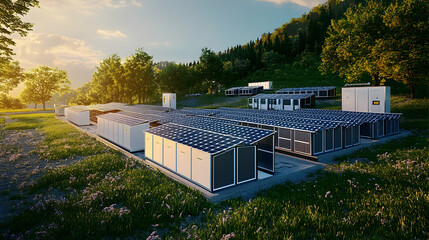 Obraz premium Solar energy with solar battery storage units, emphasizing sustainability and power efficiency -