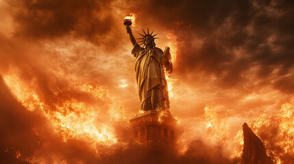 Statue of Liberty engulfed in flames, symbolizing a dramatic and apocalyptic scene -