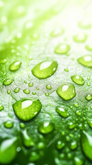 Fototapeta premium Dewdrops collect on a lush green leaf, sparkling in the soft morning light as the day begins