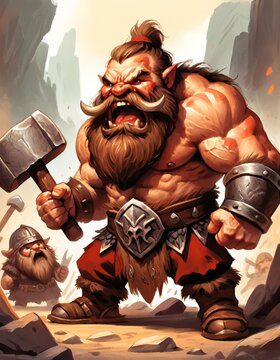 Fierce dwarven warrior with hammer in fantasy landscape