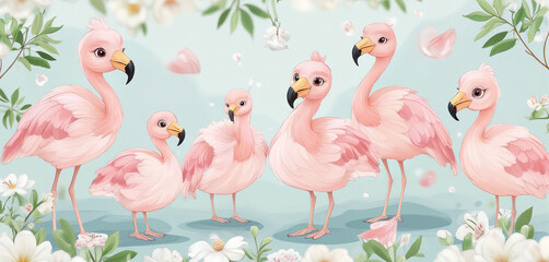 Naklejka premium Seamless Pattern of Pink Flamingos Standing Among Greenery on a Soft Blue Background
