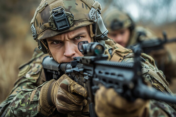 Fototapeta premium A soldier aiming a rifle with focus and intensity.