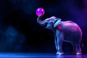 a wire-frame elephant performing trick on purple neon ball