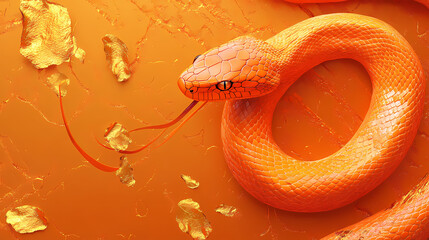 Fototapeta premium Orange snake close-up on mangent background with gold leaf and decorative plaster. futuristic banner with reptile in vibrant colors and copy space. Vibrant. Illustration