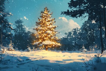 Naklejka premium Solar-Powered Christmas Fairy Lights Snowy Tree. XMas Snow Scene Background. Room for Text Space