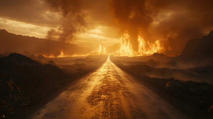 The road leading to a fiery hellish landscape, symbolizing a dangerous or ominous journey -