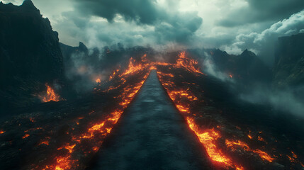 The road leading to a fiery hellish landscape, symbolizing a dangerous or ominous journey -