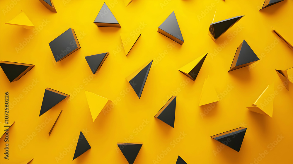 Poster triangles pattern in yellow background, creating an abstract geometric design with sharp edges -