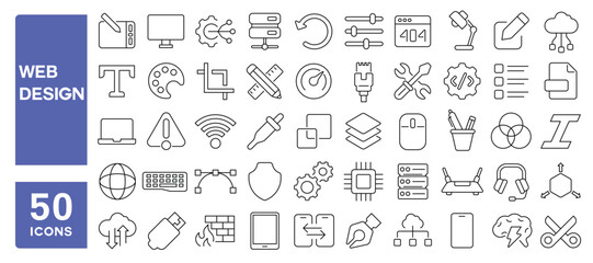 Set of 50 line icons related to web design, creative, internet, interface, page, software, artwork, development, website, Editable stroke. Vector illustration