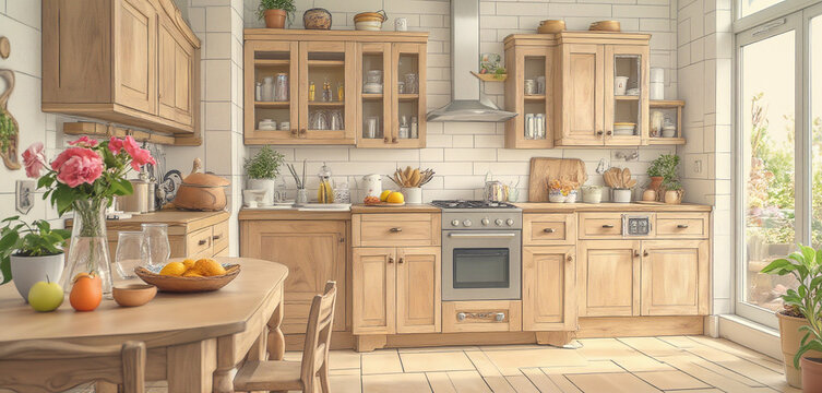 Rustic Kitchen Decor with Wooden Cabinets and Floral Accents