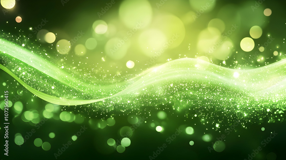 Poster vibrant abstract wave of green light with bokeh particles, creating a futuristic and energetic atmos