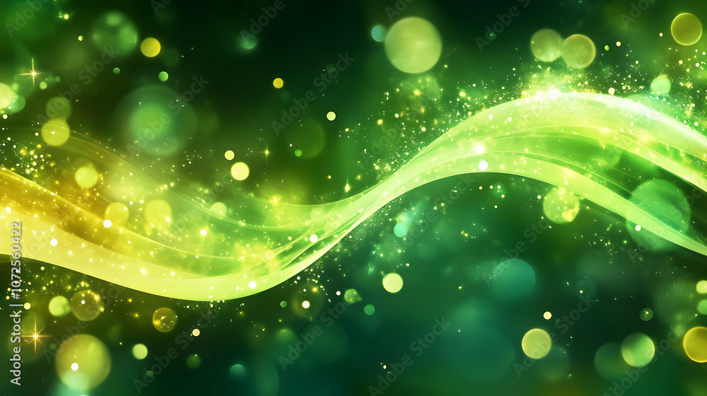 Poster vibrant abstract wave of green light with bokeh particles, creating a futuristic and energetic atmos