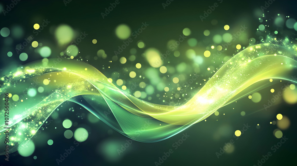 Poster vibrant abstract wave of green light with bokeh particles, creating a futuristic and energetic atmos